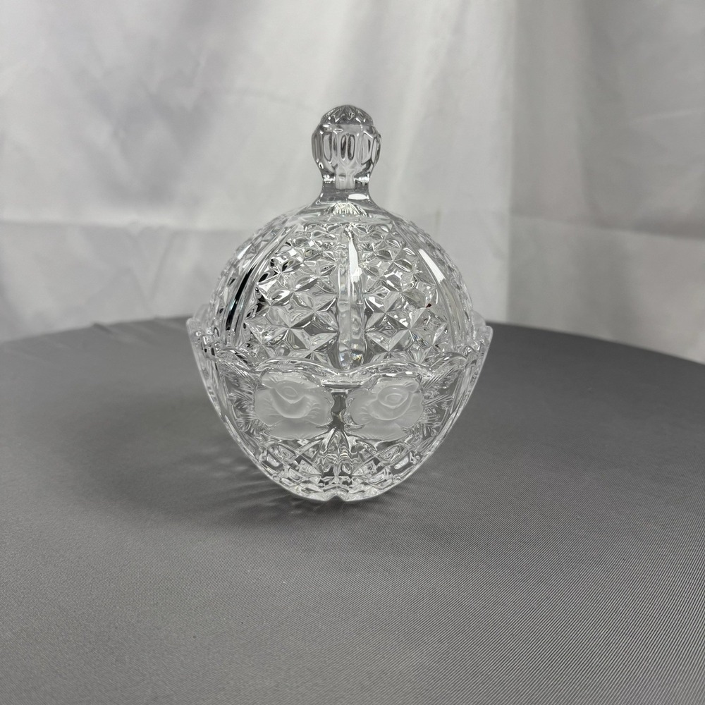 Vintage Cut Lead Crystal Candy Dish with Lid – Frosted Roses "Dorsette" Pattern